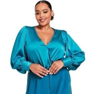 Sergio Hudson x Target blue silky crossover front balloon sleeve bodysuit 1X
